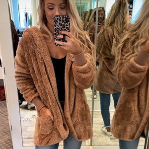 Tan Fuzzy Cardigan with pockets